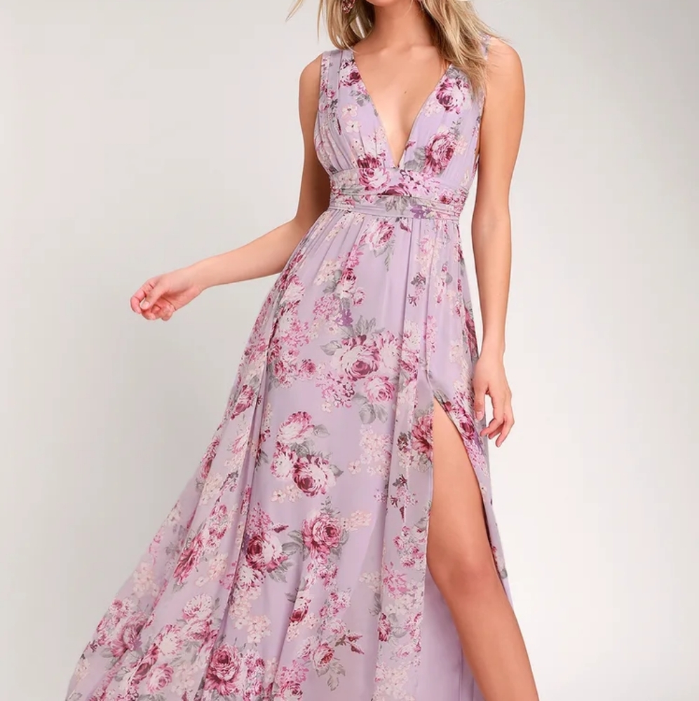 Lulu's Garden Meandering Lavender Floral Print Maxi Dress